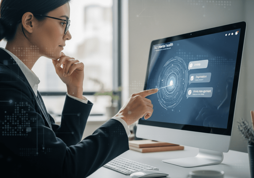 Woman at a computer reviewing a Mental Health AI chatbot interface with conversation bubbles