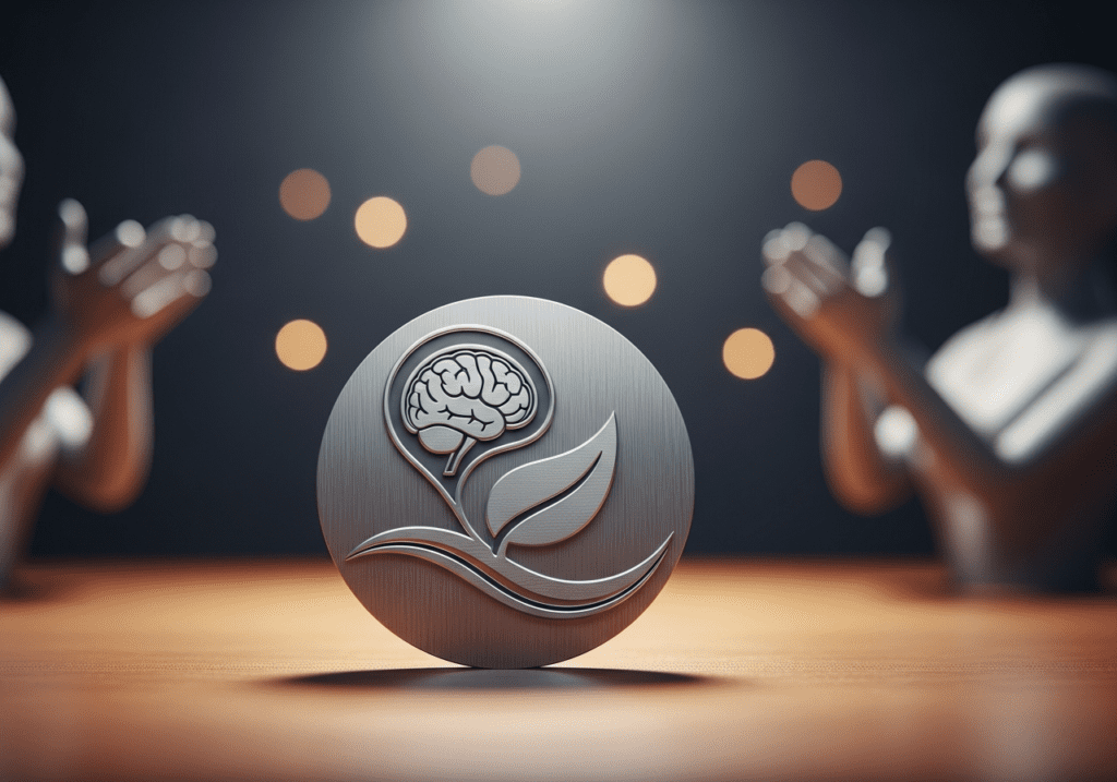 Trophy medallion with brain-and-leaf emblem honoring a behavioral health product award