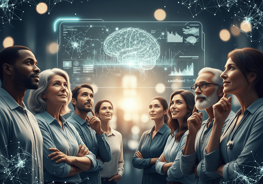 Group of professionals studying a holographic brain display and analytics dashboard in an office