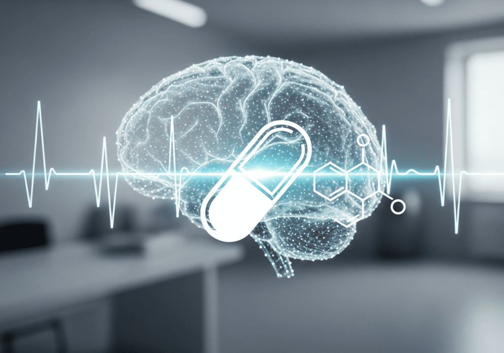 Glowing brain illustration with a pill capsule on an ECG line in a hospital corridor backdrop