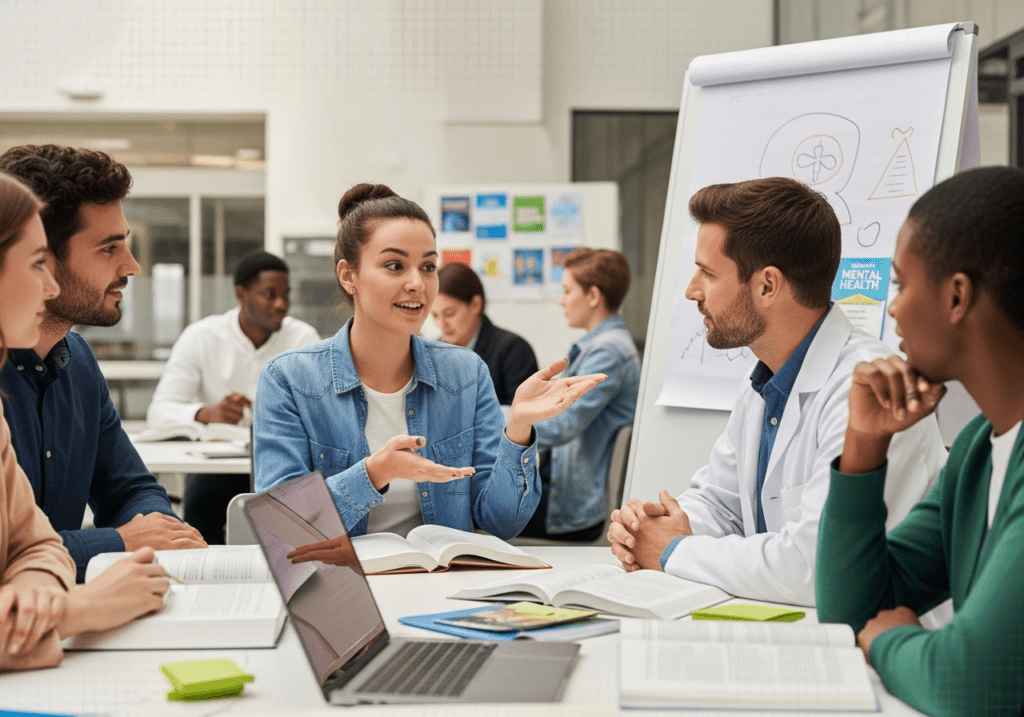 Diverse students at a classroom table with a whiteboard of charts behind, in a group study session