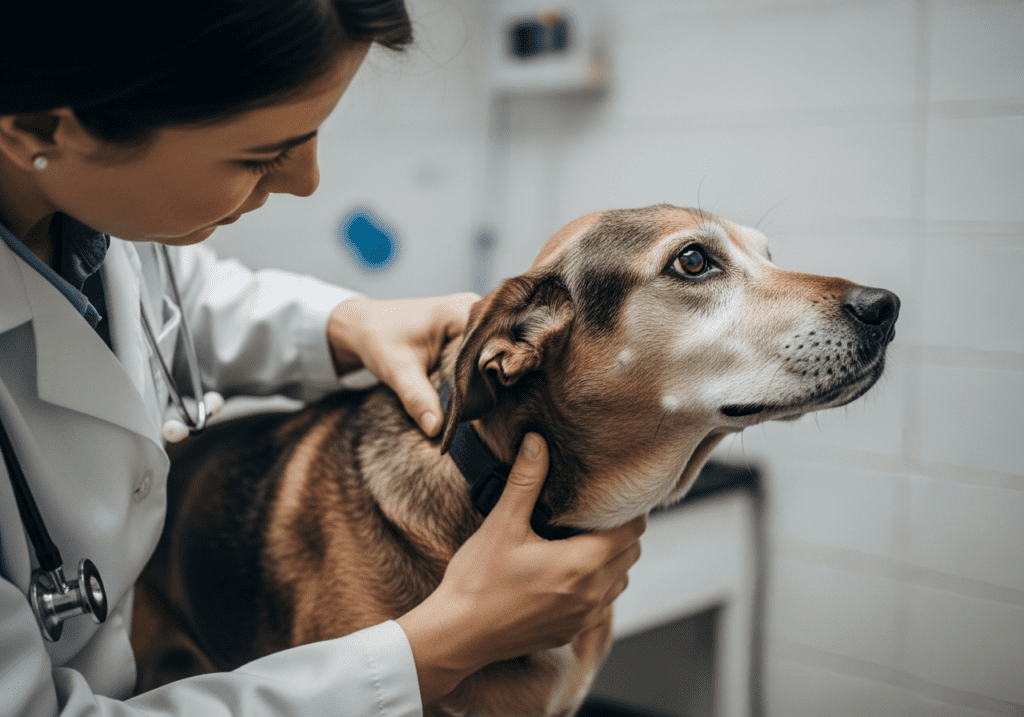 Veterinarian examining a brown dog's ear with an otoscope in a brightly lit clinic exam room
