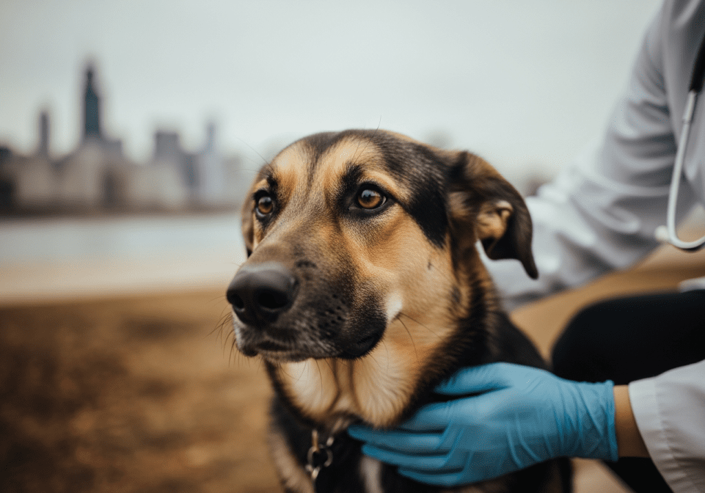 German shepherd mix being gently held by a gloved hand with the Chicago skyline behind