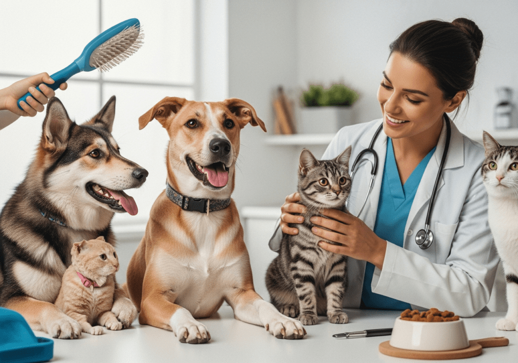 Veterinary groomer brushing a husky and bulldog on a counter while petting a tabby cat