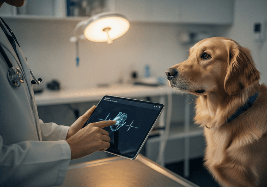 Veterinarian showing an EKG tablet to a golden retriever resting on an exam table
