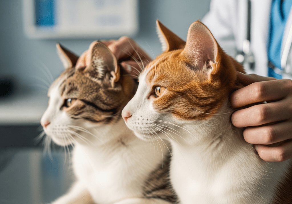 Tabby and orange-and-white cats being petted by a veterinarian in a clinic exam room