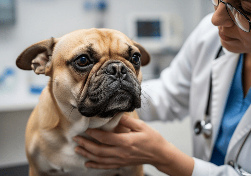 Veterinarian gently holding the face of a fawn French bulldog during a clinic exam