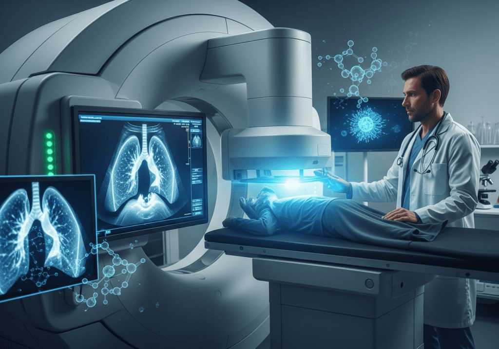 Radiologist at a CT scanner reviewing lung scans on multiple monitors with molecular overlays
