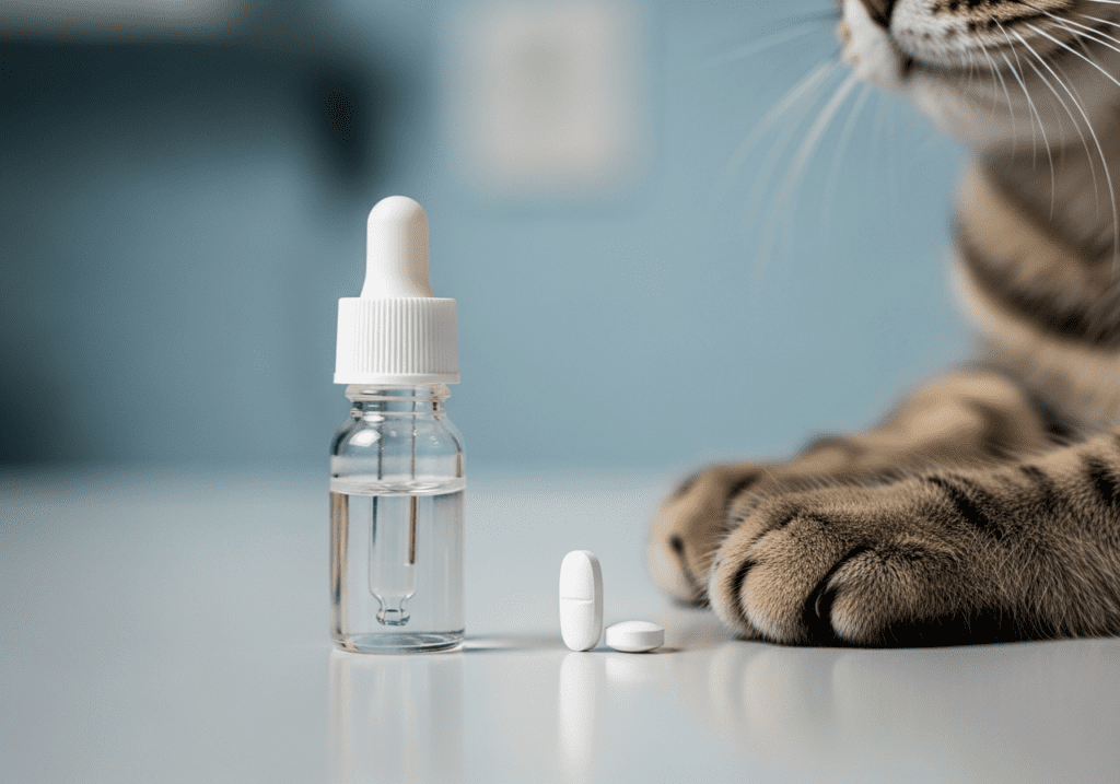 Tabby cat sitting beside a small dropper bottle and white tablets on a clinic exam counter