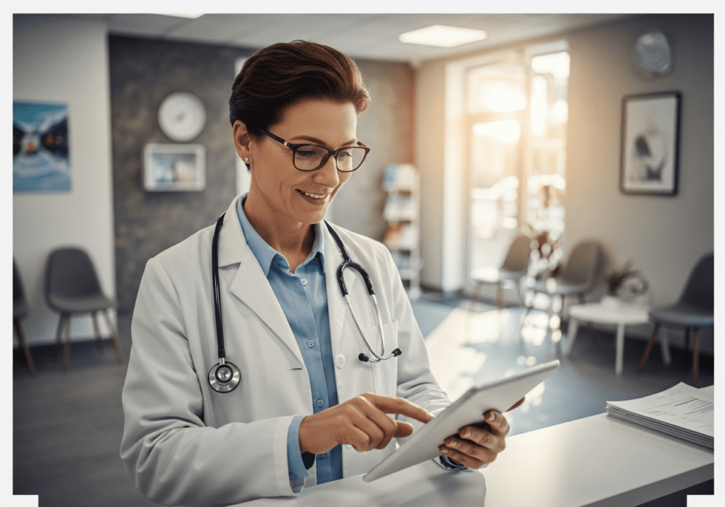 Female physician in a white coat using a tablet in a brightly lit healthcare clinic waiting area
