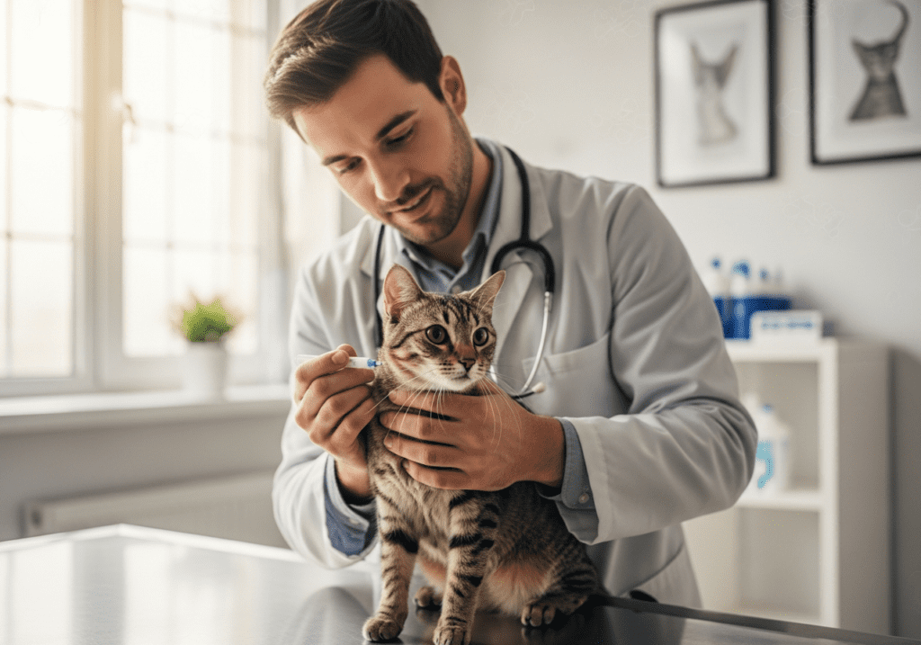 Male veterinarian in a white coat gently examining a tabby cat on a clinic exam table