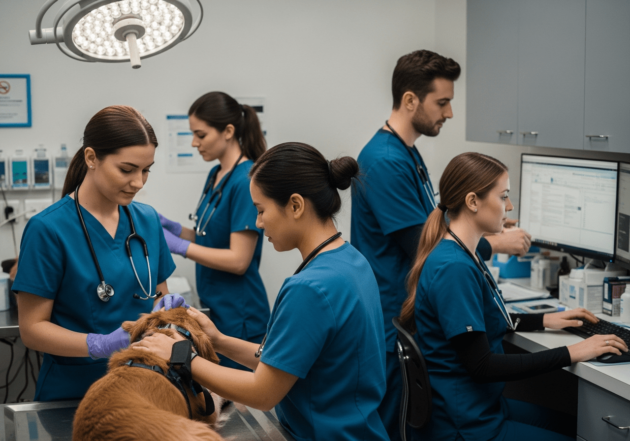 Five veterinary clinicians in blue scrubs working with patients and computers in a busy animal hospital