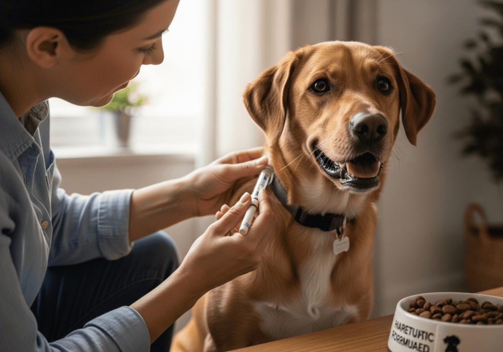 Woman gently petting a brown Labrador wearing a collar beside a food bowl at home