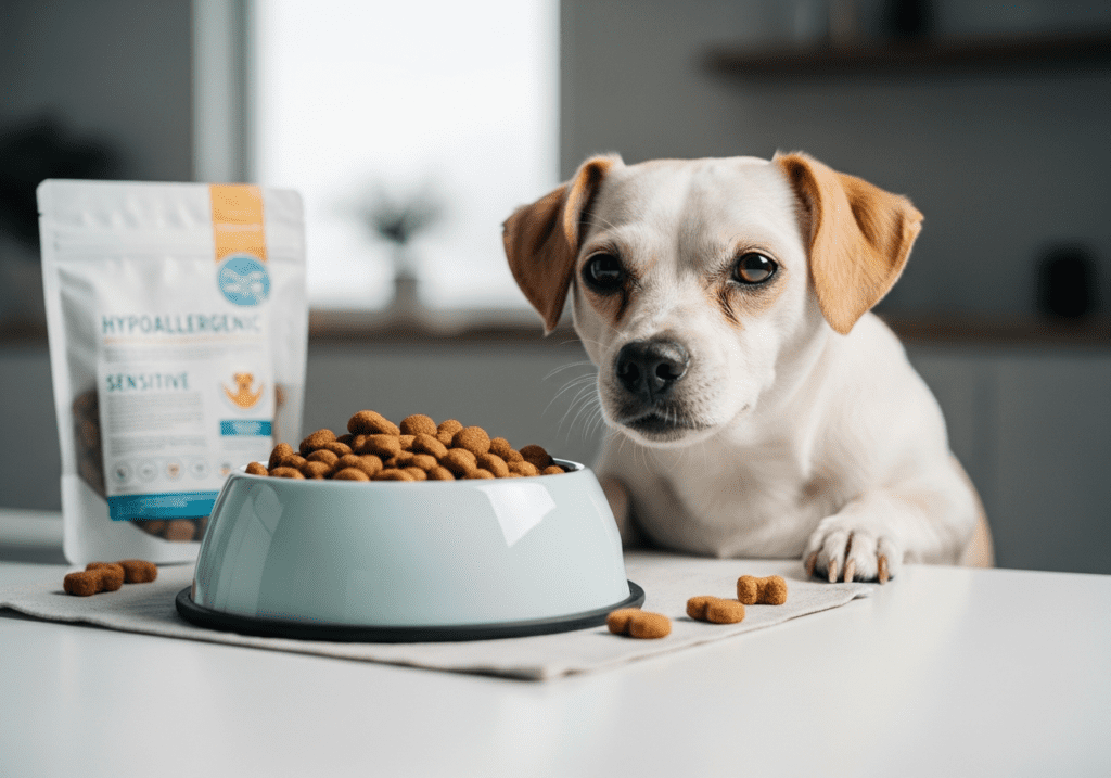 Small tan-and-white dog sitting beside a bowl of food with a hypoallergenic kibble bag behind