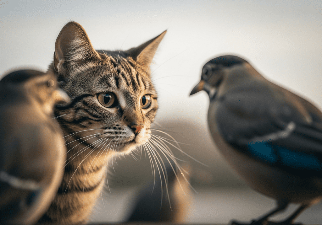Close-up of a tabby cat watching a small bird perched nearby in an outdoor scene