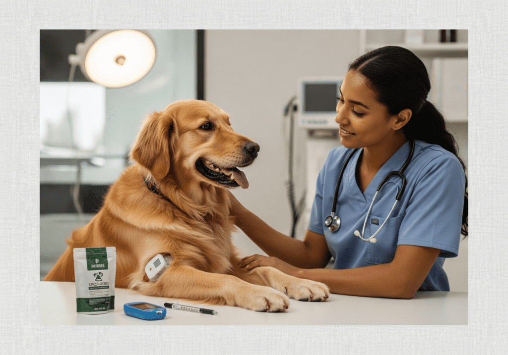 Female veterinarian in blue scrubs gently petting a happy golden retriever beside a treat container