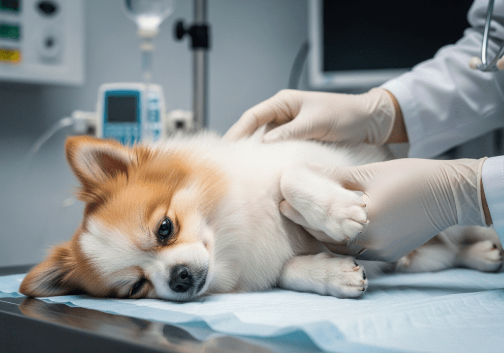 Veterinarian examining a small Pomeranian puppy lying on its back on a clinic exam table