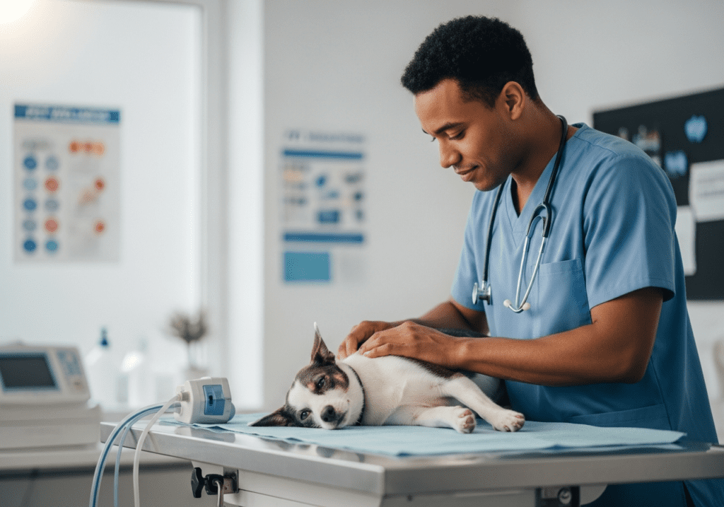 Veterinarian in blue scrubs gently petting a French bulldog on an exam table in a sunlit clinic