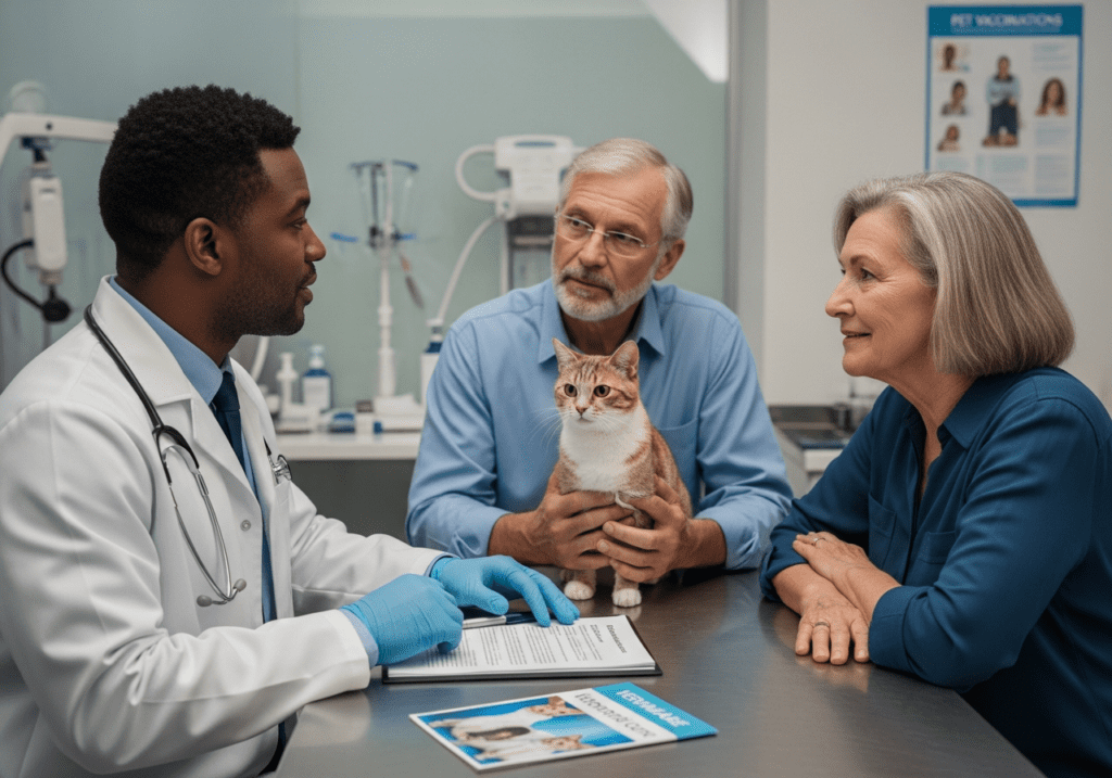 Veterinarian examining an orange-and-white kitten while an elderly couple watches at a clinic counter