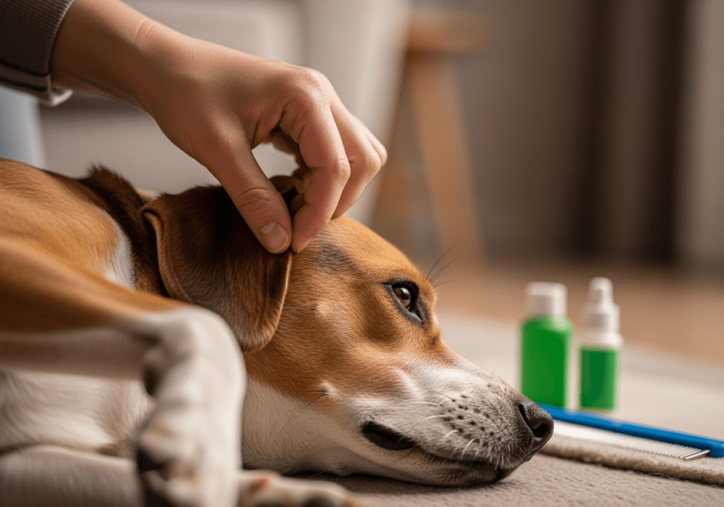 Hand applying flea-treatment drops to a dog's ear with green spray bottles on the floor nearby