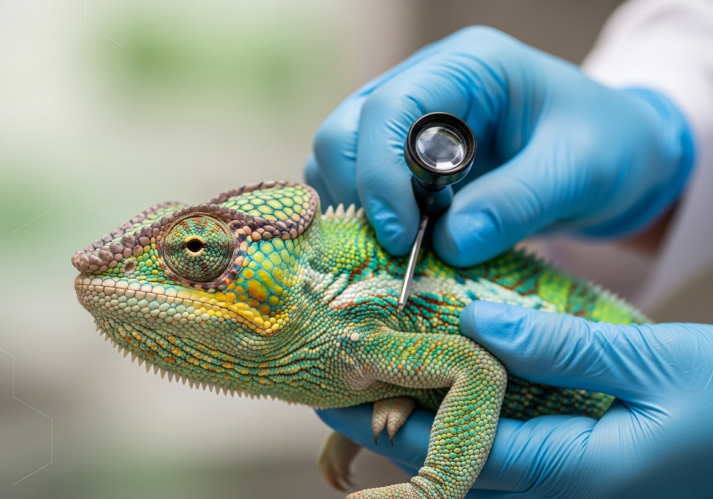Veterinarian in blue gloves examining a green chameleon with a small diagnostic tool