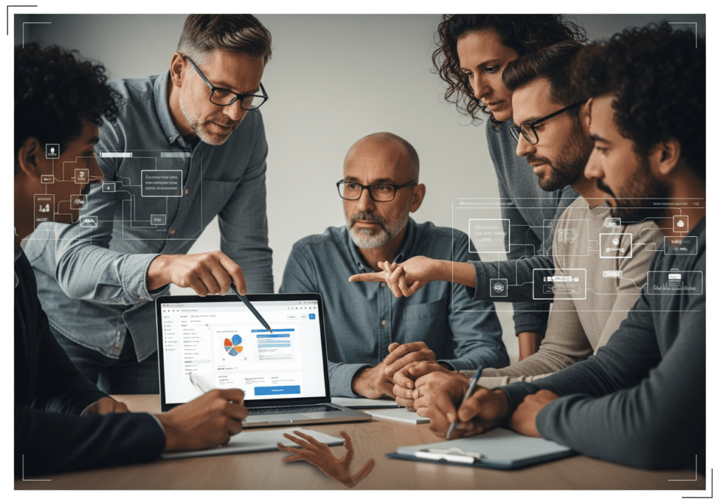 Team around a laptop reviewing performance charts with augmented-reality business analytics