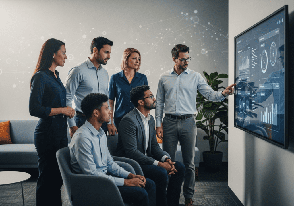 Five business professionals presenting in front of a wall display of analytics charts