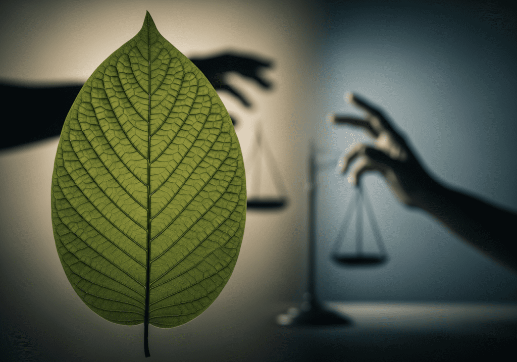 Green kratom leaf in foreground with a shadowy hand and a justice scale in the background