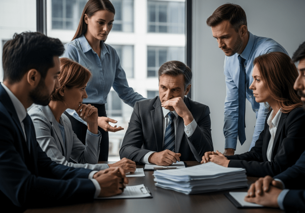 Executives in a conference room reviewing stacks of paperwork with serious expressions