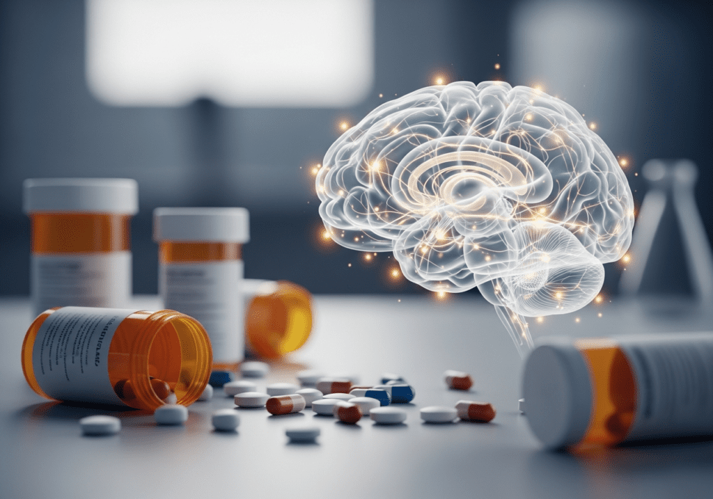 Glowing brain on a desk surrounded by spilled prescription pill bottles in warm light