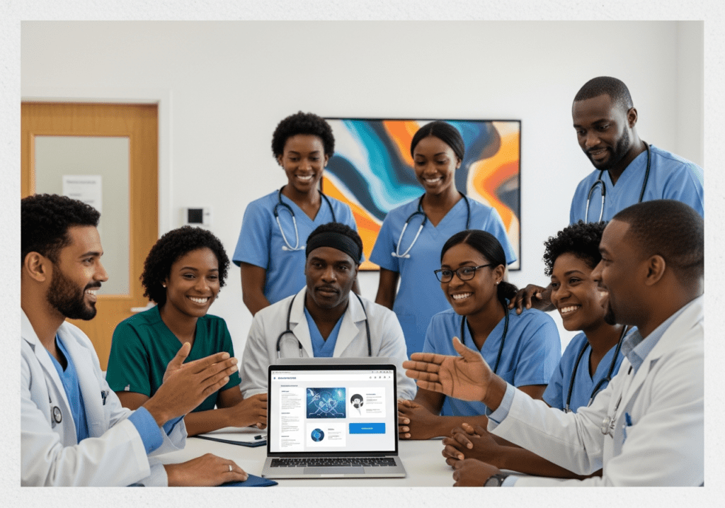 Group of healthcare professionals in scrubs and white coats meeting around a laptop, smiling