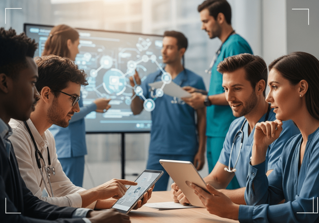 Healthcare professionals gathered with tablets in front of a wall display of analytics dashboards