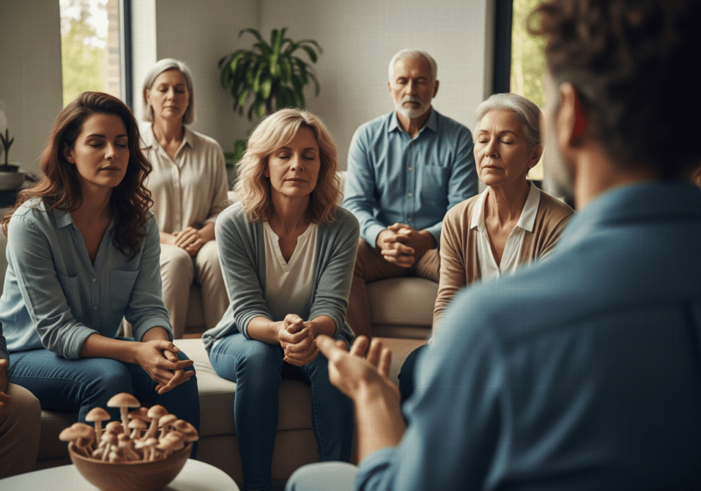 Group of adults in a living-room therapy circle with a bowl of dried mushrooms in the foreground