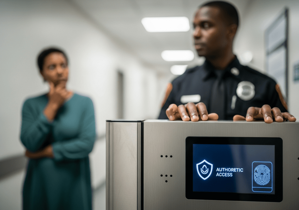 Worried woman standing behind a security guard at a hospital biometric access checkpoint