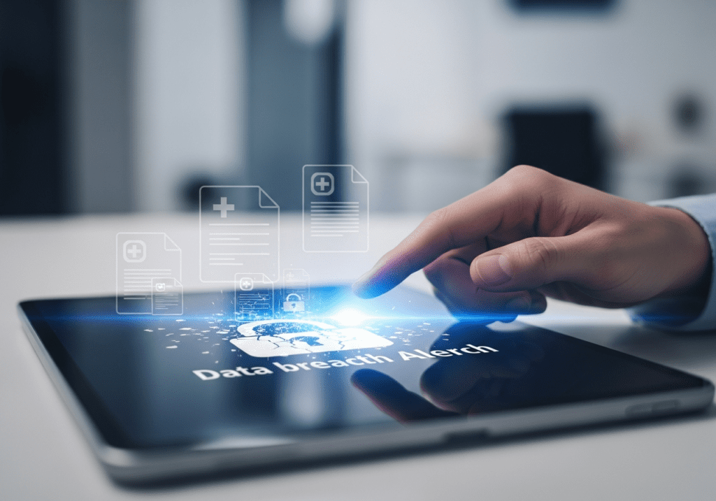 Hand interacting with a tablet showing a Data Breach Alert with floating document icons