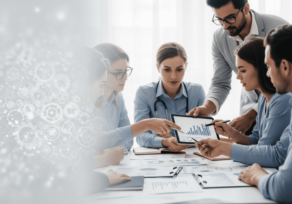 Diverse business team reviewing charts and analytics on a tablet during a strategy meeting