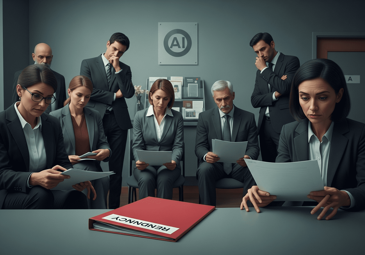 Concerned office workers in a meeting room while a woman reads a red folder labeled Resignation, AI sign on the wall