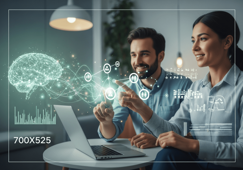Two professionals at a laptop interacting with a holographic brain network and AI healthcare icons