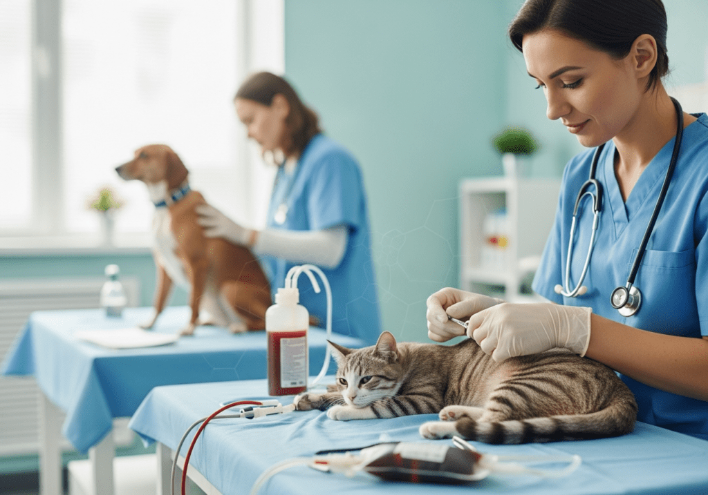 Veterinary nurse in blue scrubs preparing an IV for a tabby cat on a clinic exam table