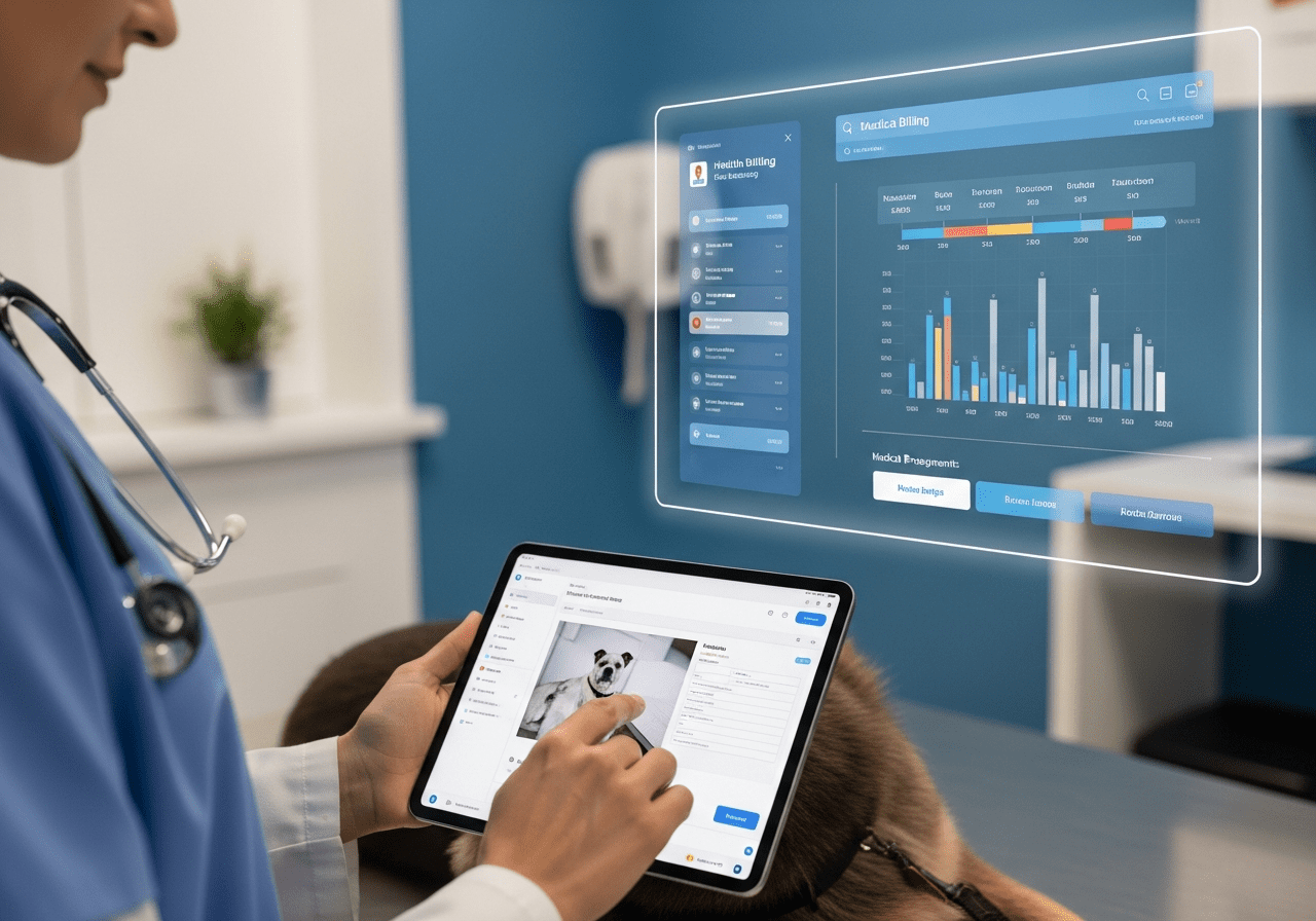 Clinician using a tablet with a holographic dashboard of patient charts and bar graphs floating above