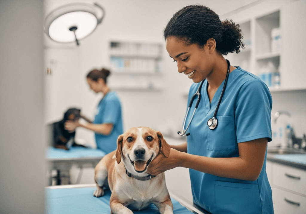 Veterinary technician in blue scrubs smiling while examining a beagle on a clinic exam table