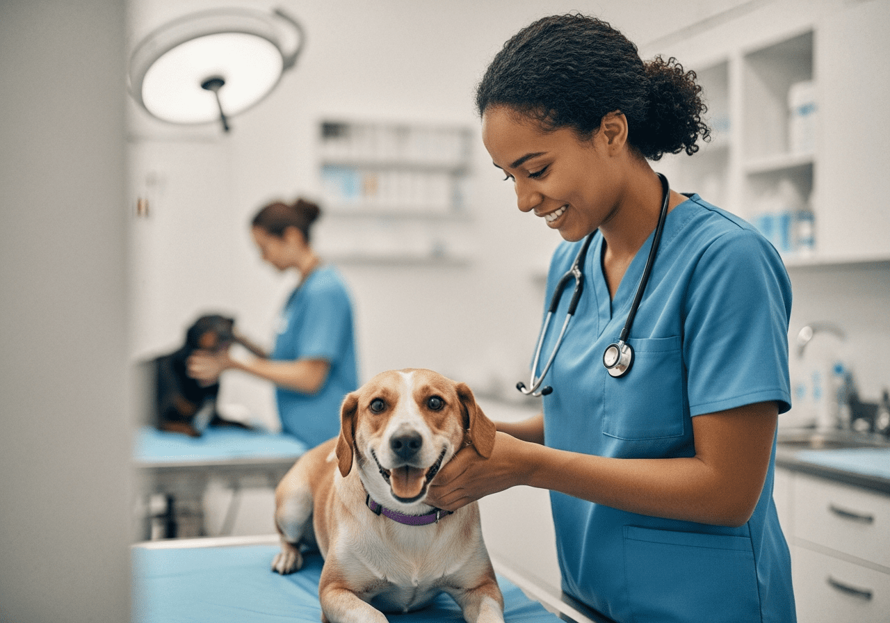 Veterinary technician in blue scrubs smiling while examining a beagle on a clinic exam table