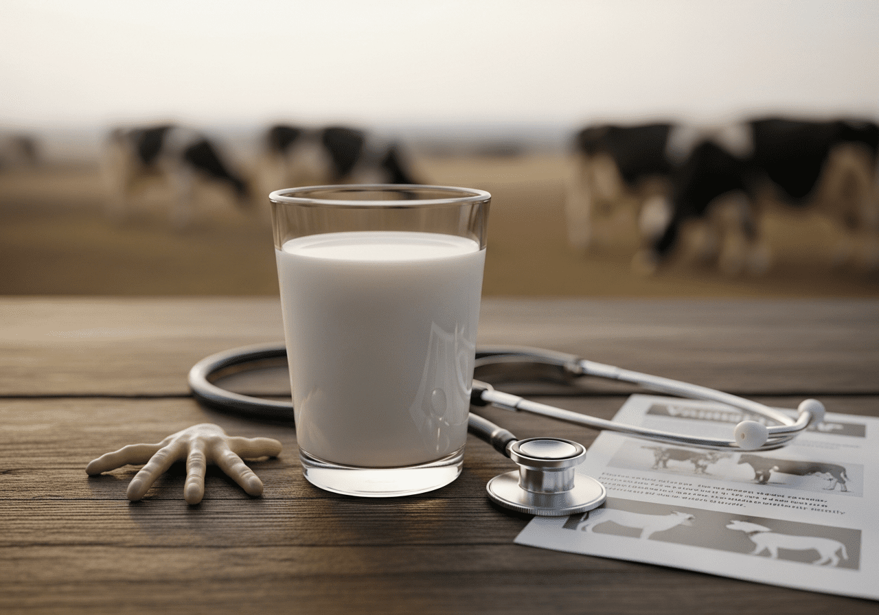 Glass of milk on a wood table with a stethoscope and bovine X-ray, dairy cows in the background pasture