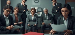 Concerned office workers in a meeting room while a woman reads a red folder labeled Resignation, AI sign on the wall