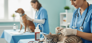 Veterinary nurse in blue scrubs preparing an IV for a tabby cat on a clinic exam table