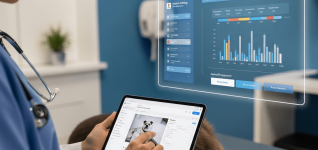 Clinician using a tablet with a holographic dashboard of patient charts and bar graphs floating above