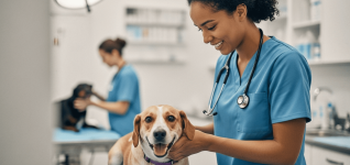 Veterinary technician in blue scrubs smiling while examining a beagle on a clinic exam table