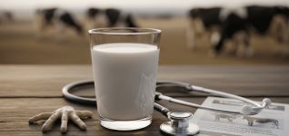 Glass of milk on a wood table with a stethoscope and bovine X-ray, dairy cows in the background pasture